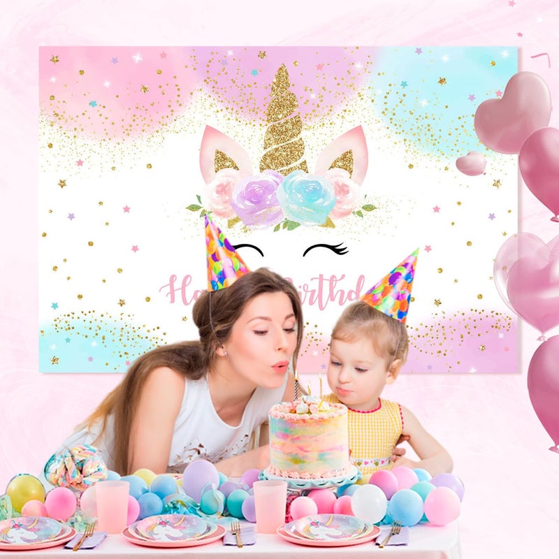 Mocsicka Unicorn Birthday Decorations Backdrop for Girls Party 5x3ft Pastel Rainbow Glitter Stars Dots Happy Birthday Banner Photo Booth Props - Image 4